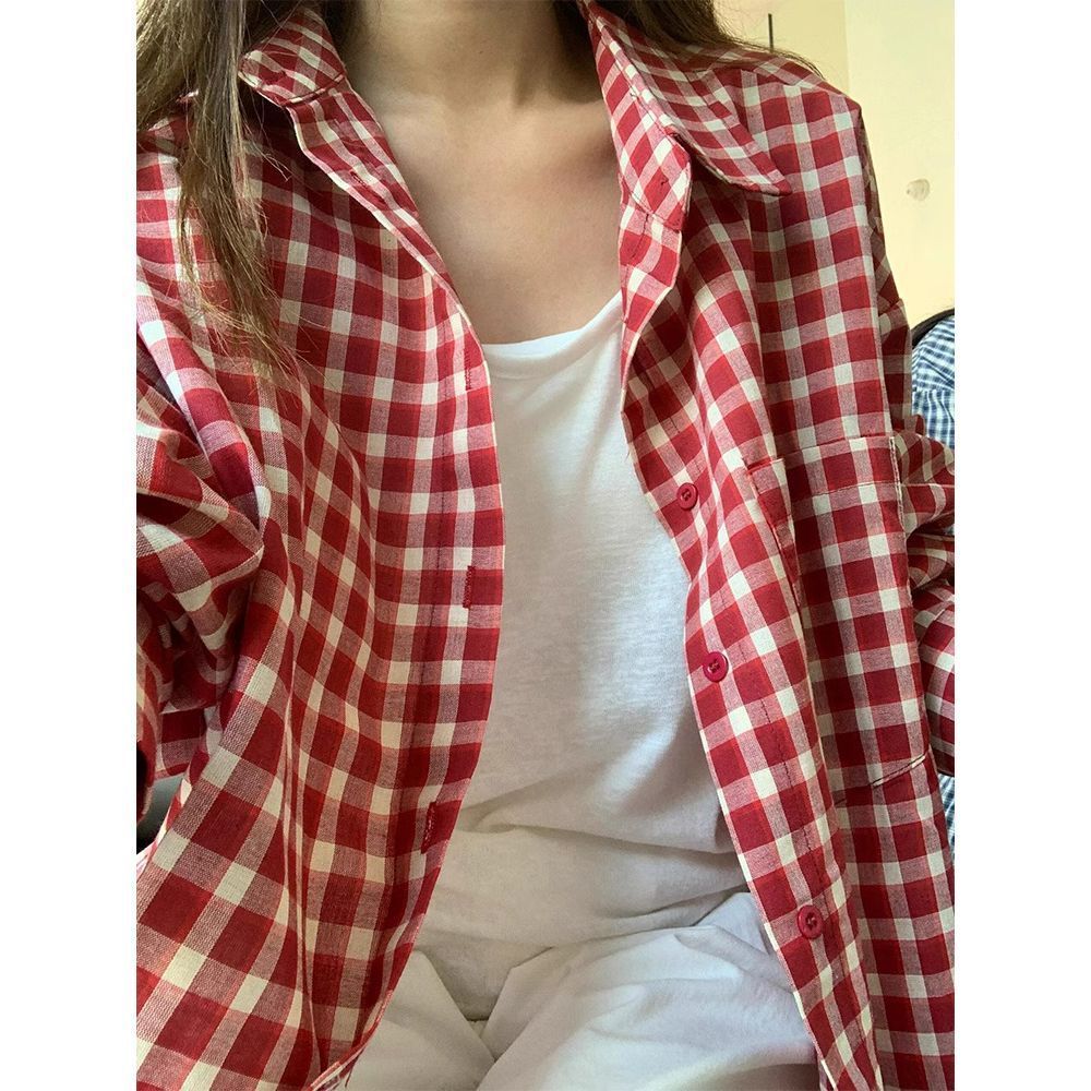 Retro Red Plaid Shirt Jacket Loose Casual Lazy Long Sleeve Sunscreen Blouse Top