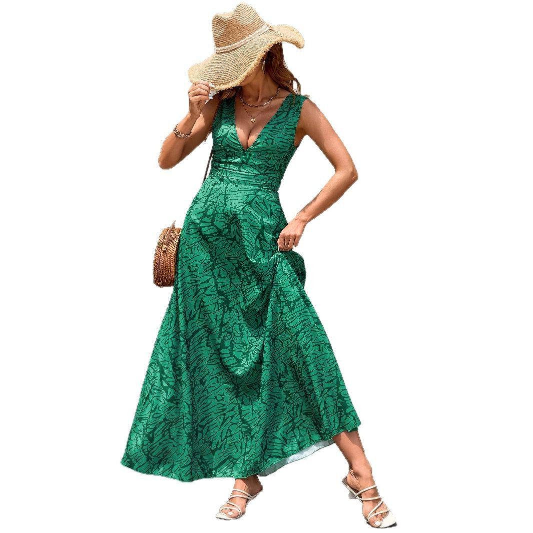 Green Printed Strappy Maxi Dress for Women, Sexy Bohemian Vacation Style Summer Fashion Dress