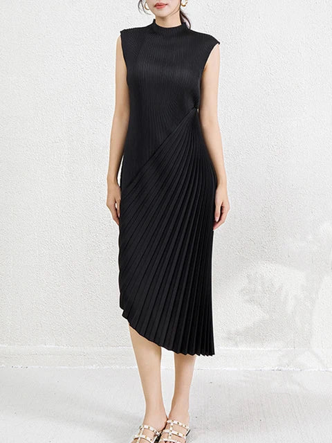 Irregular pleated dress women's semi high neck fashionable and elegant formal dress