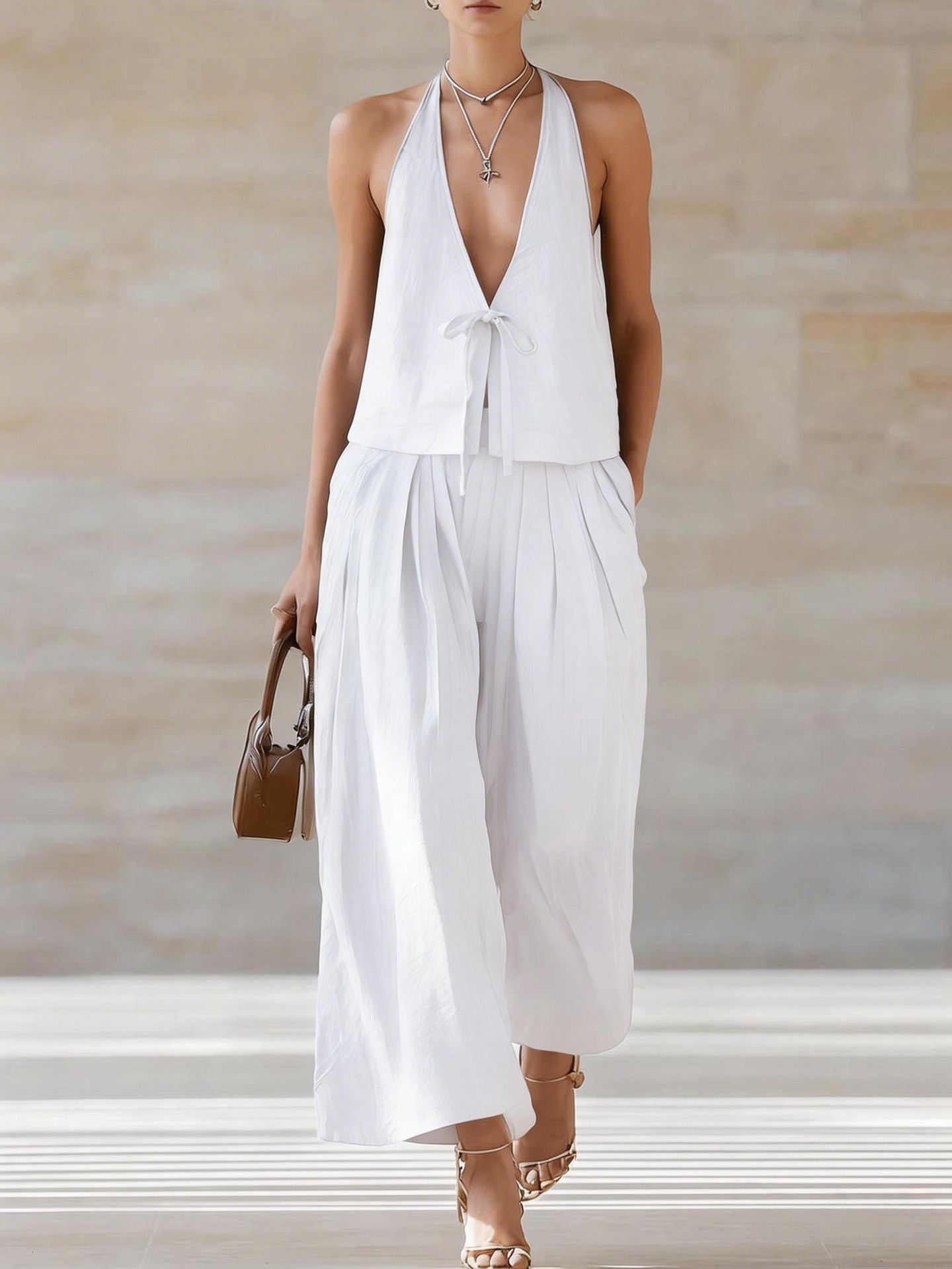 Style Solid Color Sleeveless Casual Loose Fit Two-Piece Set Tank Top amp Wide-Leg Pants Women's Outfit