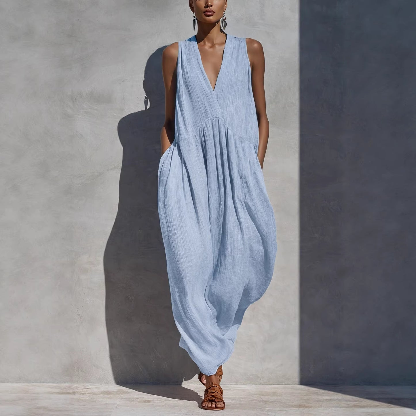 Solid color V-neck dress