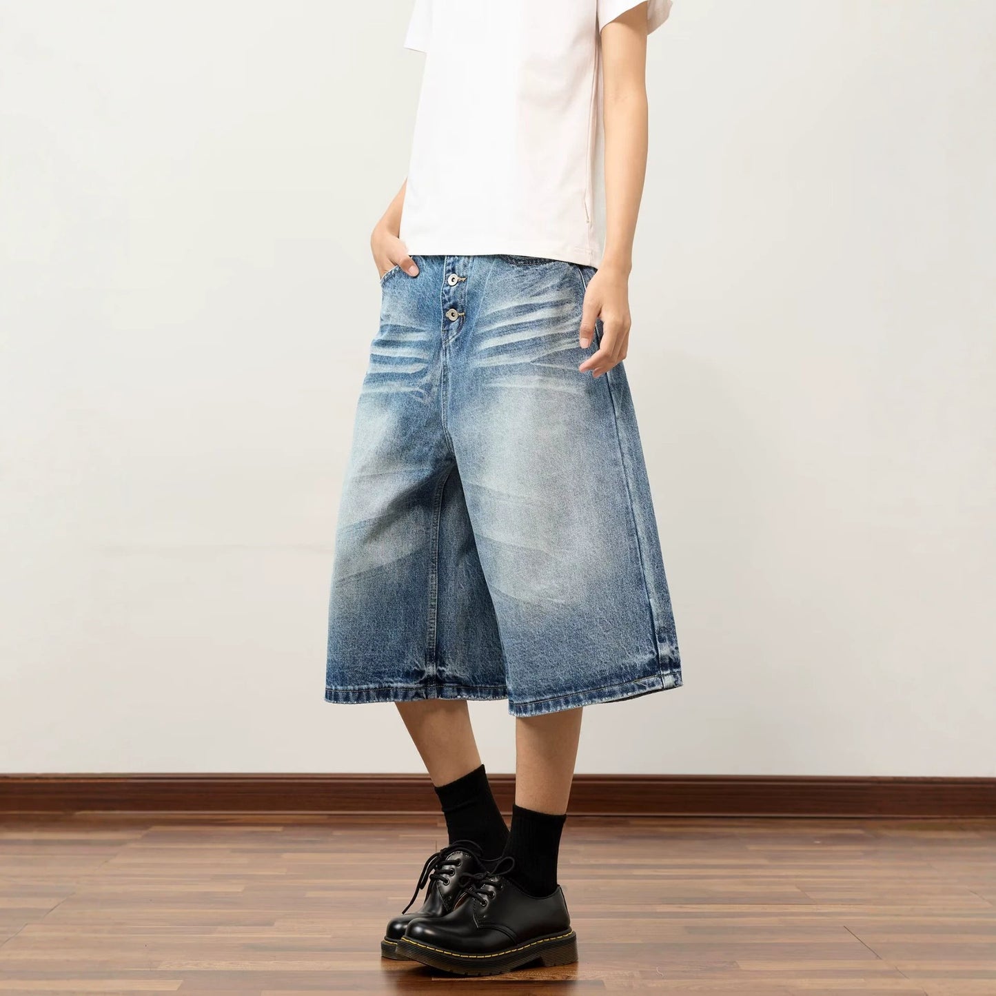 Streetwear Hip Hop Vintage Washed Denim Capri Pants