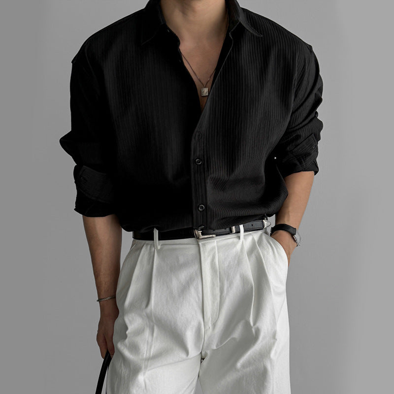 Texture black shirt men's long sleeved spring loose shirt