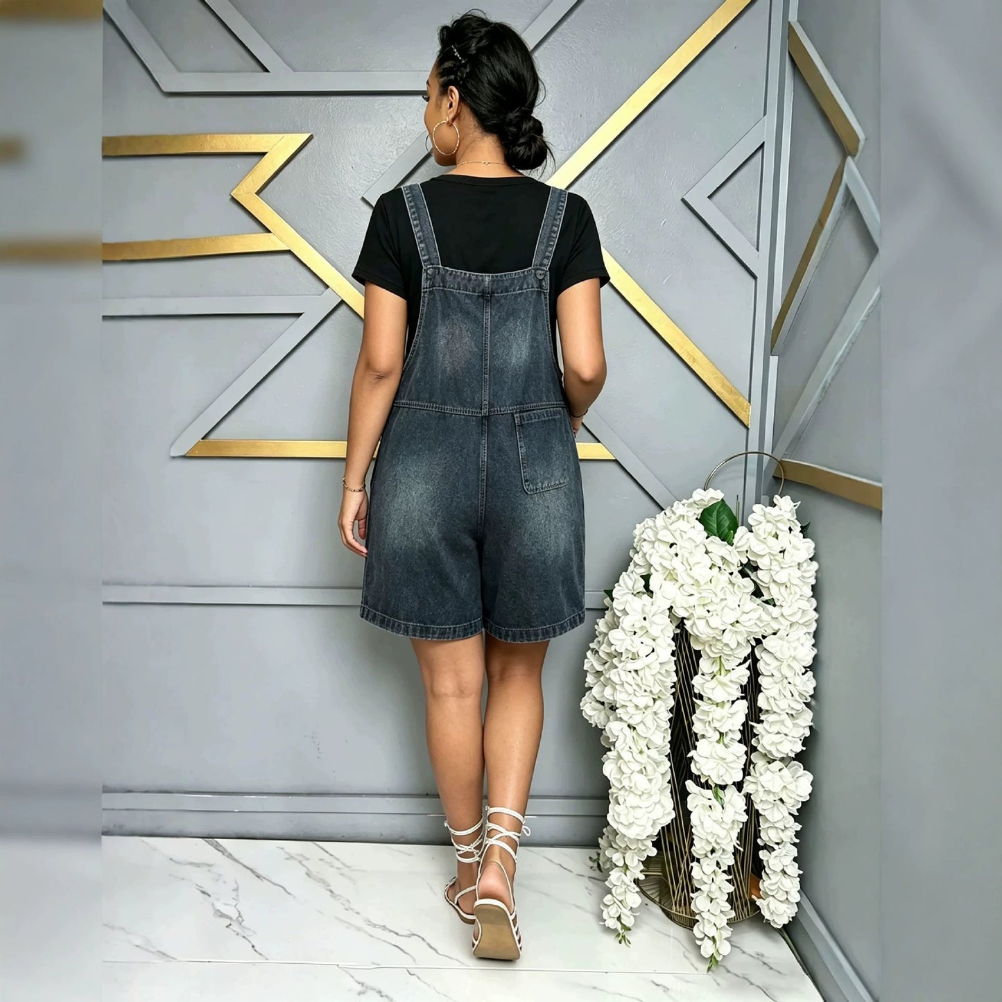 Casual Double Pocket Loose Washed Denim Overalls Shorts