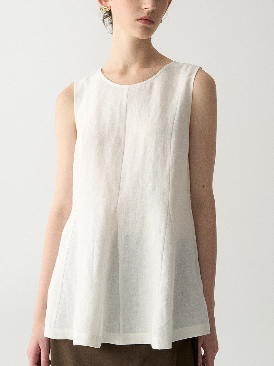 White Linen Blouse with Unique Patchwork Design Loose Sleeveless Top