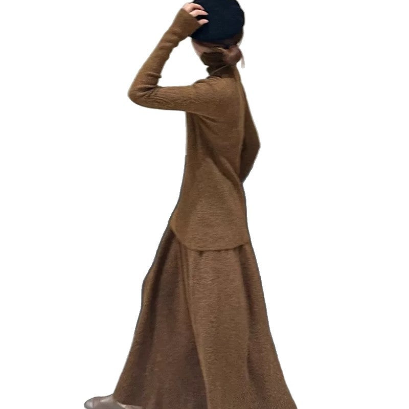 Turtleneck Knit Top and Half Skirt Two-Piece Set for Women, Elegant Slimming Knitwear Suit
