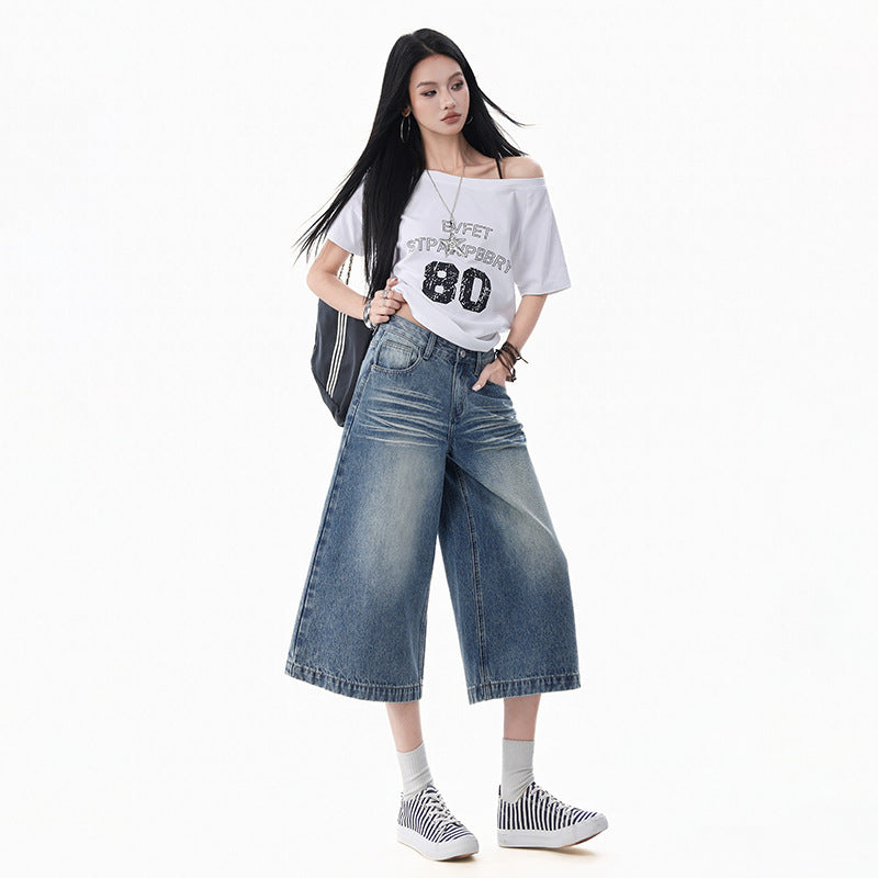 Wide-Leg Seven-Eighth Denim Pants Women