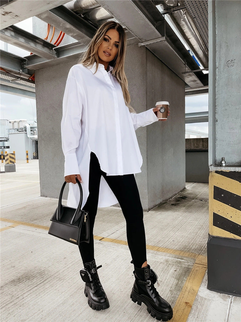 Long sleeved shirt casual solid color loose collar irregular shirt for women