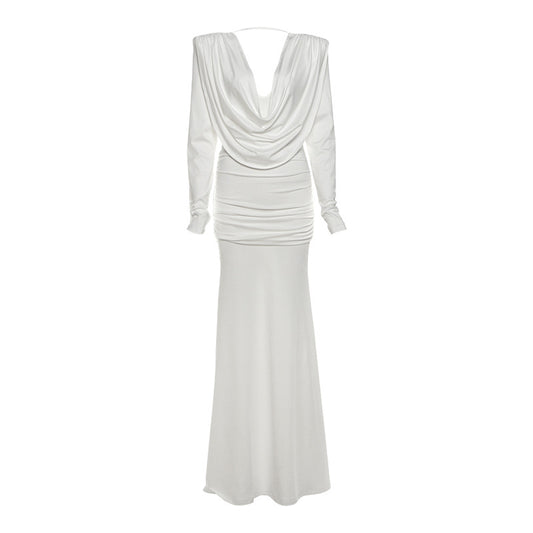 Backless swing collar slim fit pleated solid color long sleeved dress