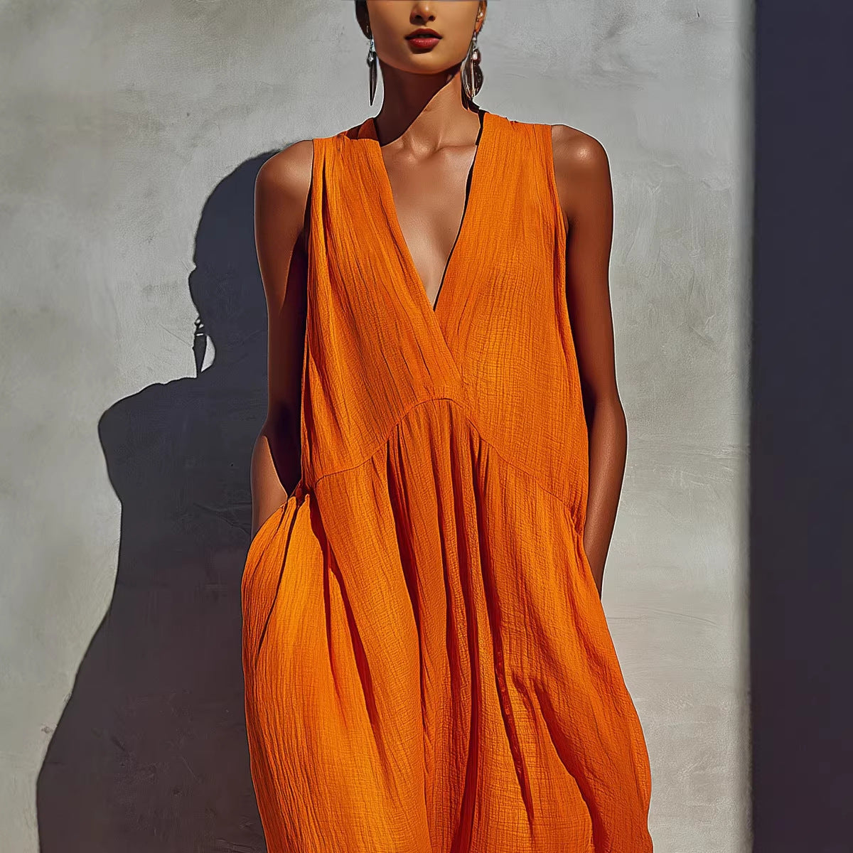 Solid color V-neck dress