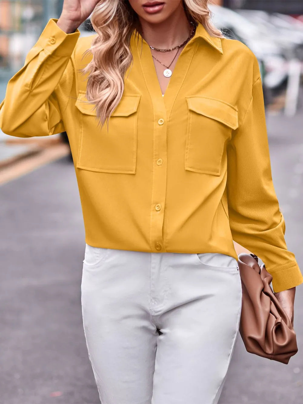 Casual and fashionable double pocket loose long sleeved solid color shirt