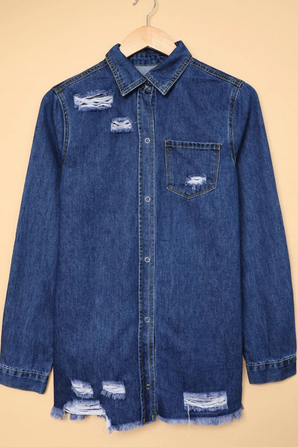 Raw Hem Collared Neck Long Sleeve Denim Jacket