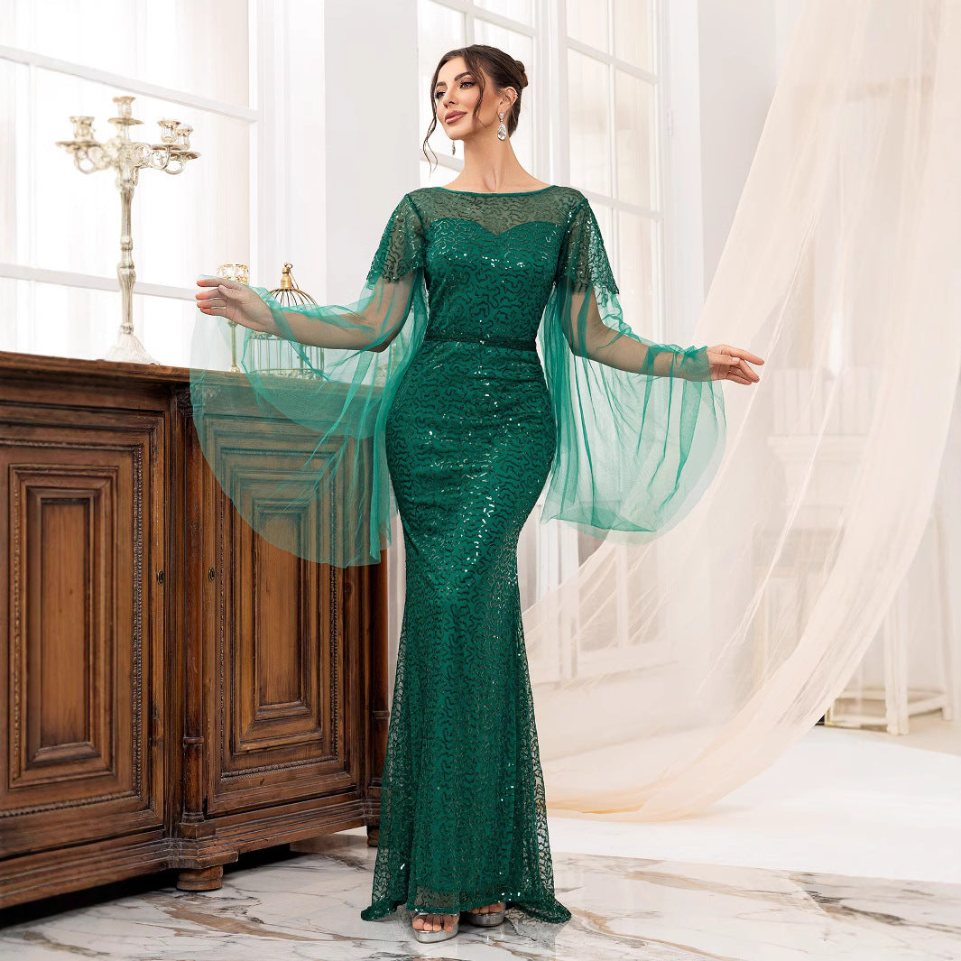 Backless Green Long Sleeve Boat Neck Evening Gown with Sequins Fish Tail Design, Formal Dress for Women