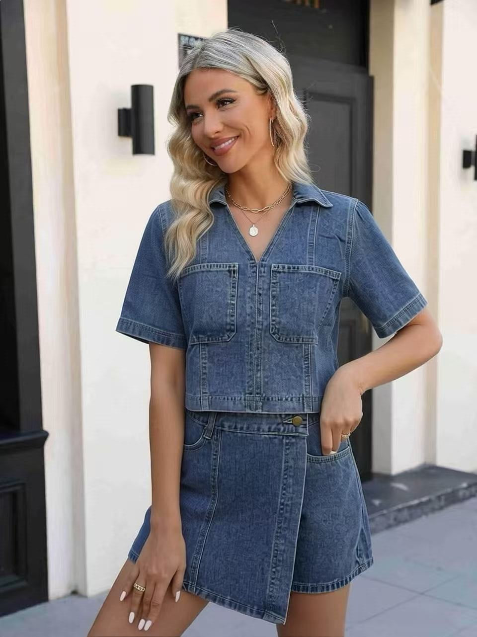 Fashionable Slim-Fitting Individualistic Turn-Down Collar Women's Denim Set Summer Casual Wear