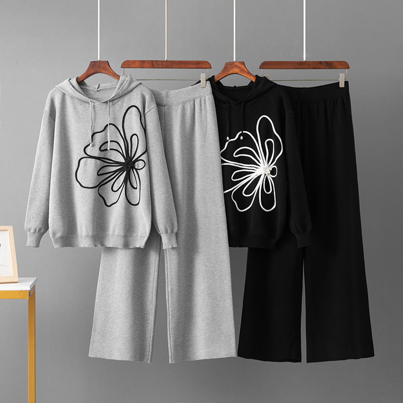 Long sleeved flower sweater wide leg pants two-piece set