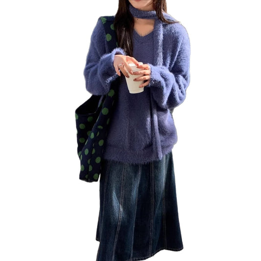 Denim Skirt Women's Loose Patchwork High Waist Long A-Line Skirt
