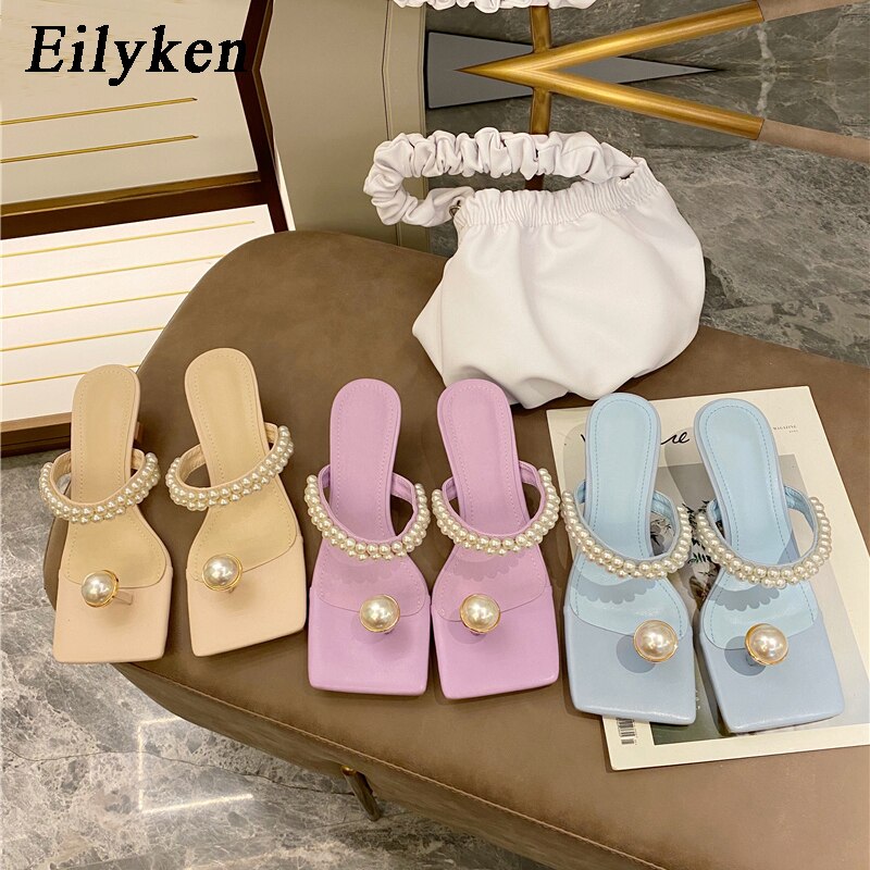 Fashion String Bead Womens Slippers Summer Outdoor Square Toe Flip Flops Pearl Decoration Sandals Femme Low Heel Shoes