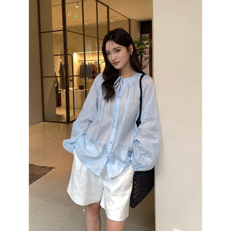 Linen-Cotton Collar Pleated Tie-Neck Blouse  Elegant Women's Top
