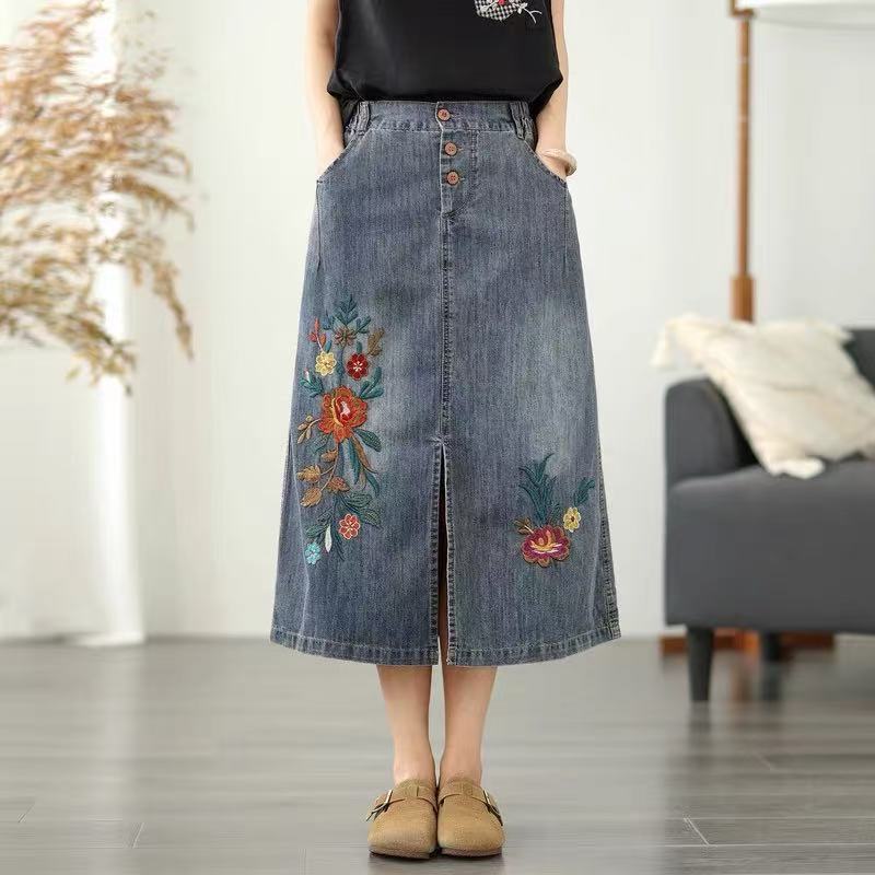 Simple Floral Embroidery Crochet Denim A-Line Skirt Women Loose High Waist Button