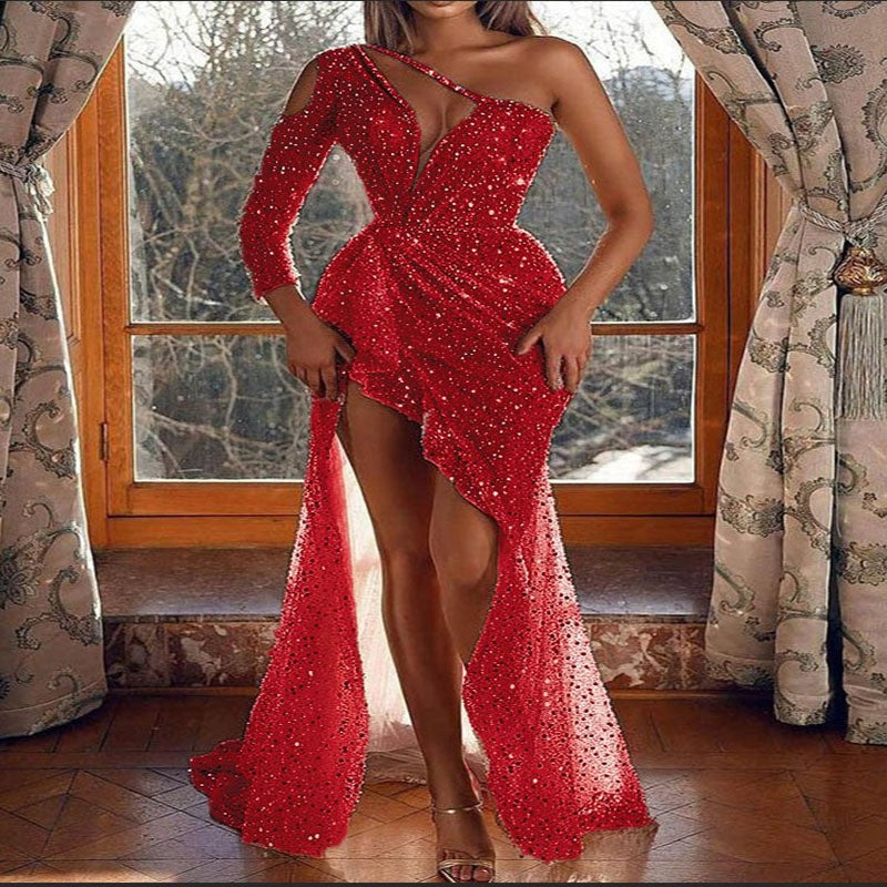 Dreamy Lady Gathering Party Elegant Sexy High-Slit Long Sleeve Sequin Evening Gown