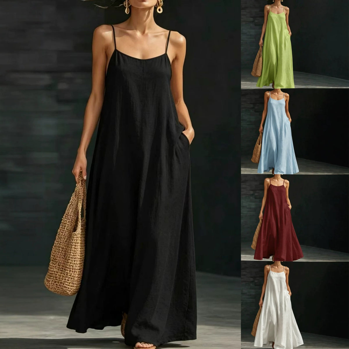 Style Solid Color Strapless Loose Flowing Maxi Dress