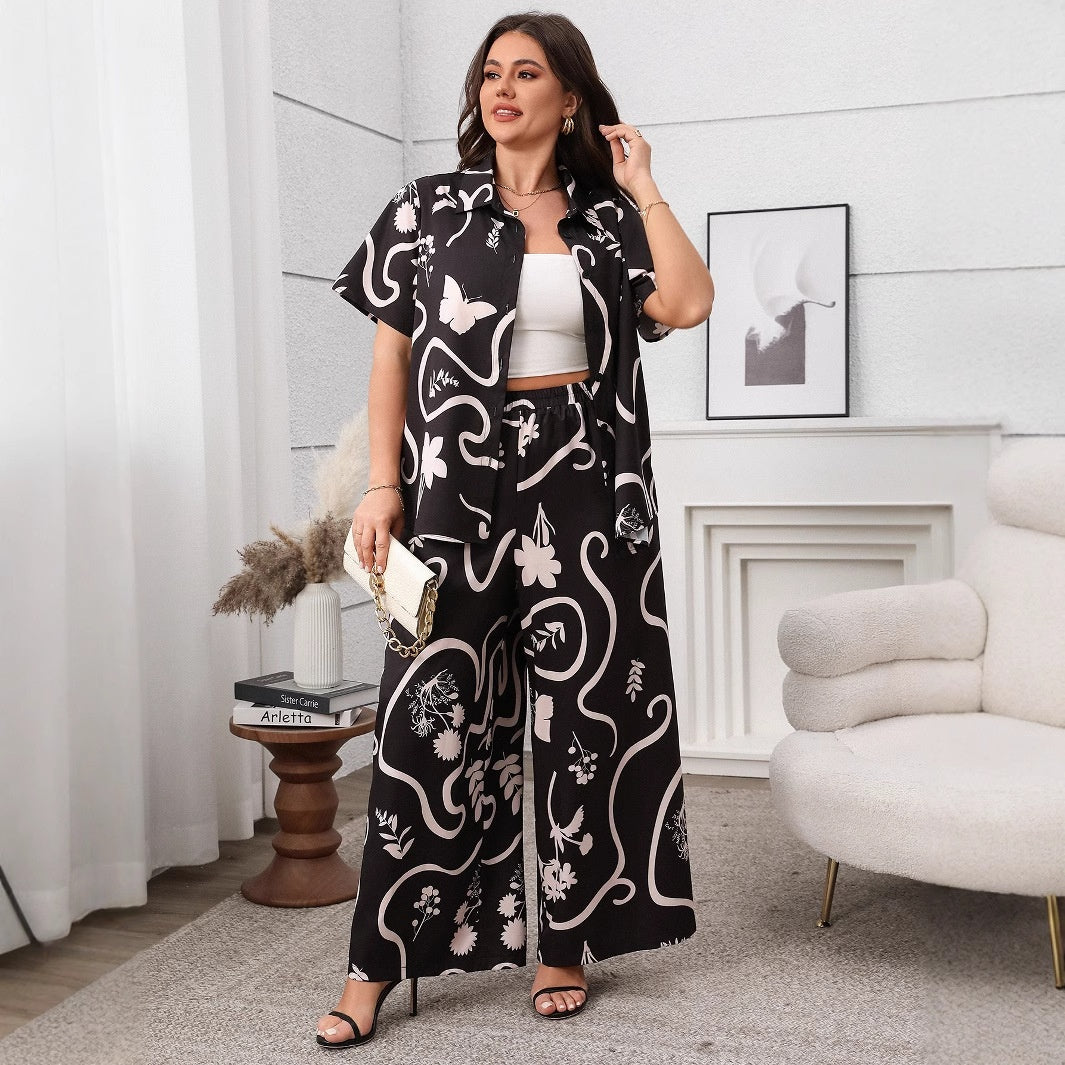 Women's Plus Size Printed Loose Short Sleeve Cardigan and Wide Leg Pants Set