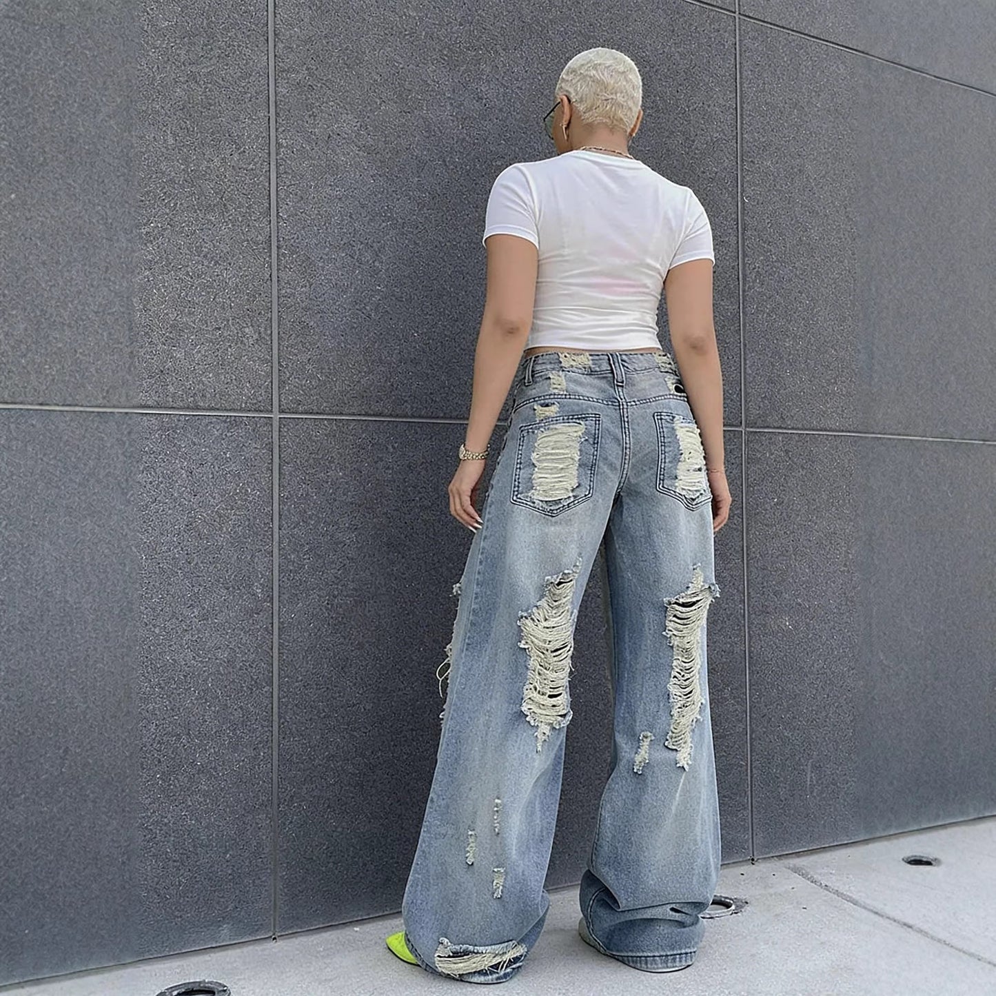 Street Rip ampTear Washed Straight Leg Jeans