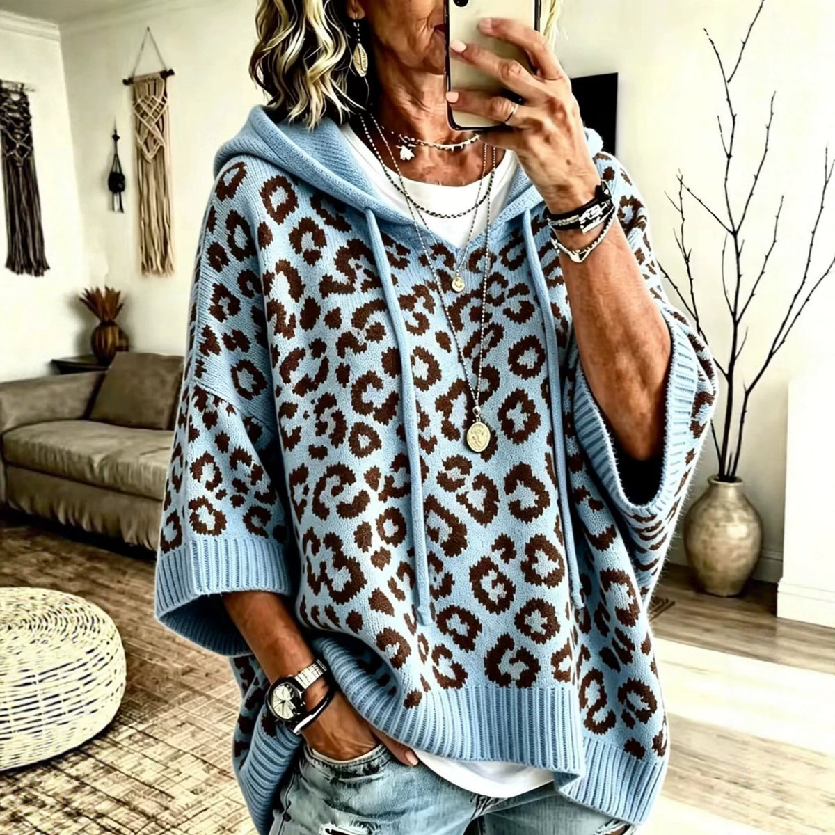 Leopard print hooded drawstring knit pullover hoodie knit