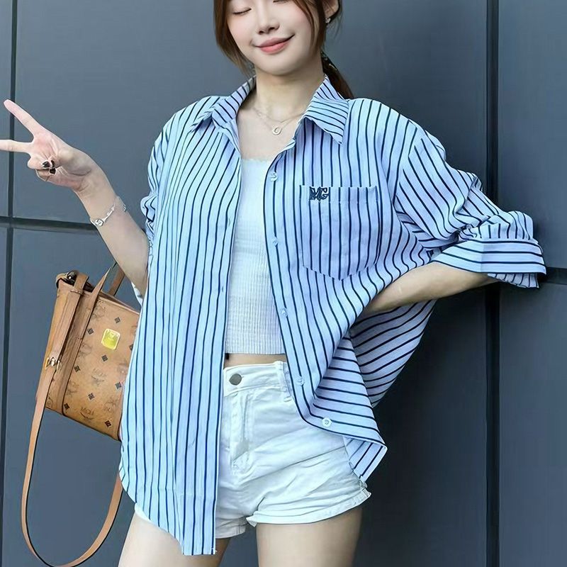 Style Striped Shirt Women's Casual Loose Fit Slimming Age-Reducing Blouse Top