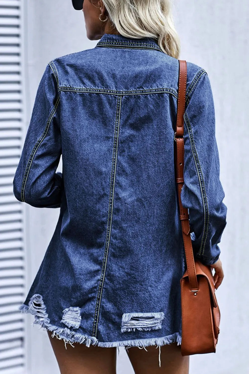 Raw Hem Collared Neck Long Sleeve Denim Jacket
