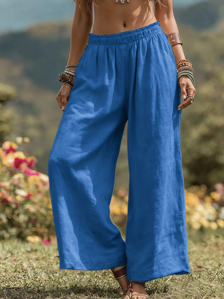 Loose Side Pocket Elastic Waist Cotton Linen Wide Leg Pants for WomenCasual Fashion Bottoms