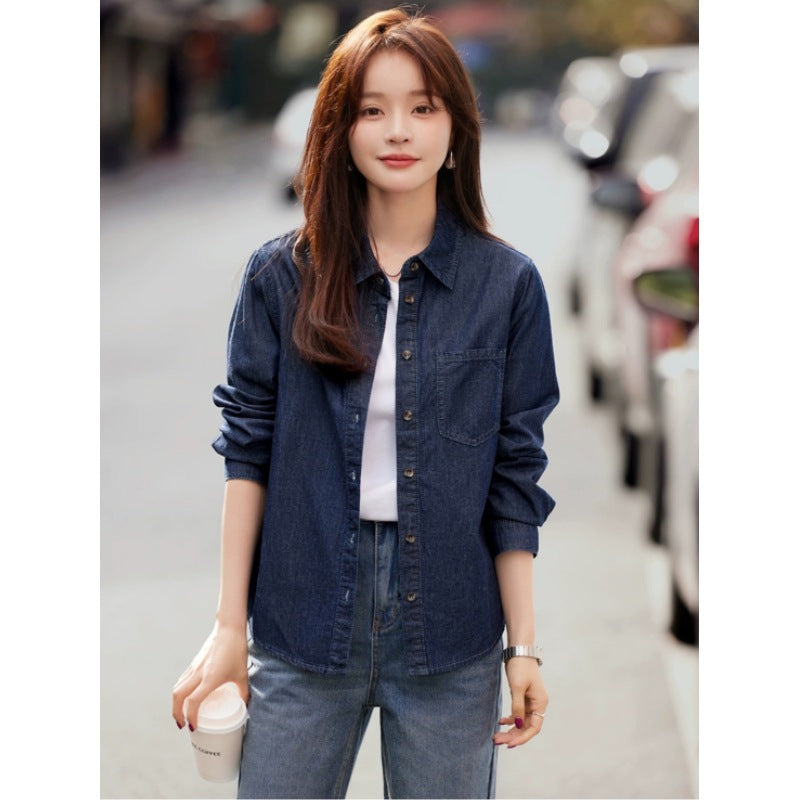 Vintage Washed Denim Shirt Jacket, Lightweight Outerwear, Feminine Style Women's Top