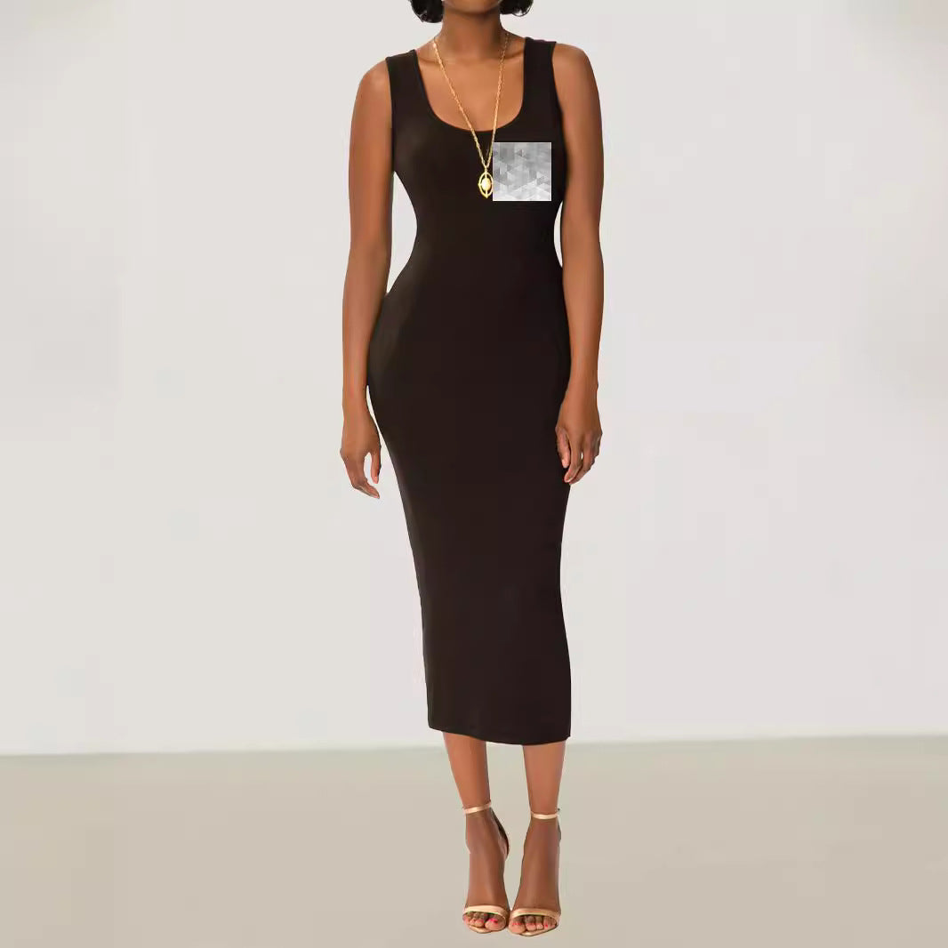 Elegant Solid Color Sleeveless U-Neck Bodycon Dress for Women