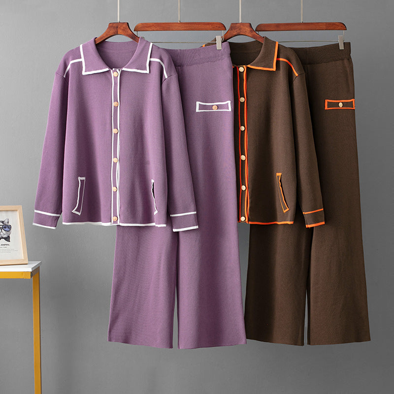 Polo collar sweater wide leg pants two-piece set