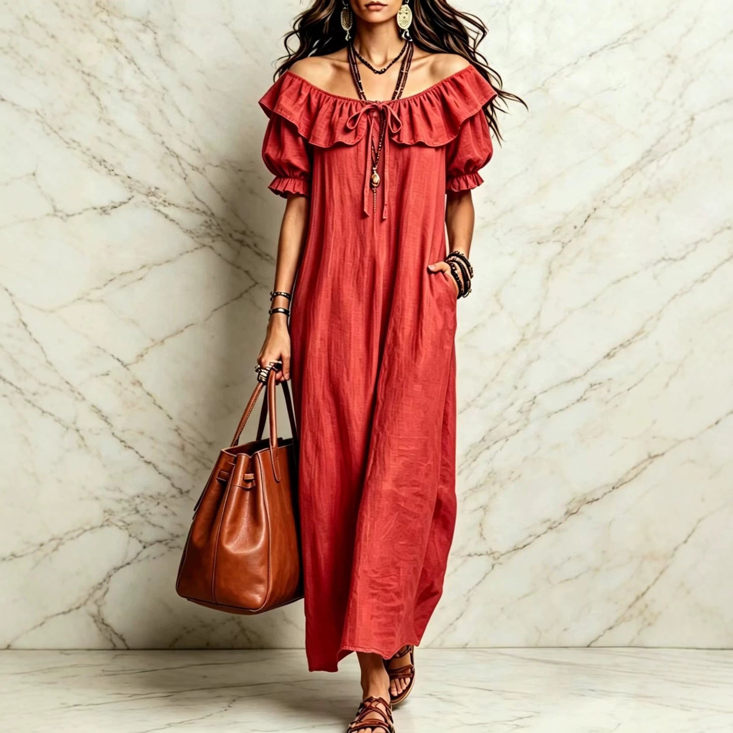 Casual Elegant Round Neck Ruffle Beach Vacation Dress for Women