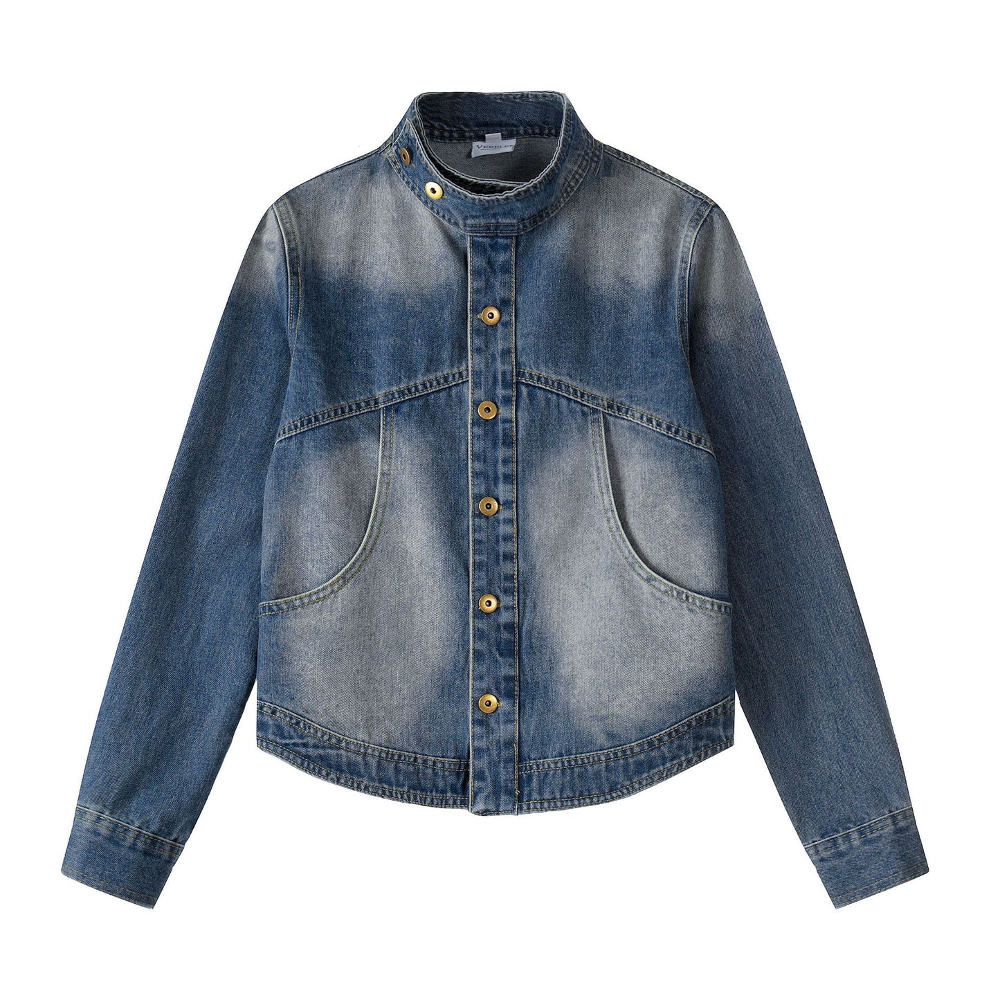 Vintage distressed washed stand up collar slim fit denim jacket