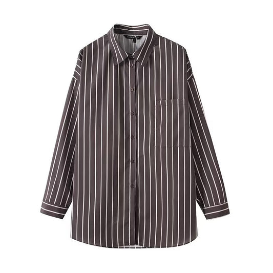 Flip collar single breasted striped loose and versatile shirt for women