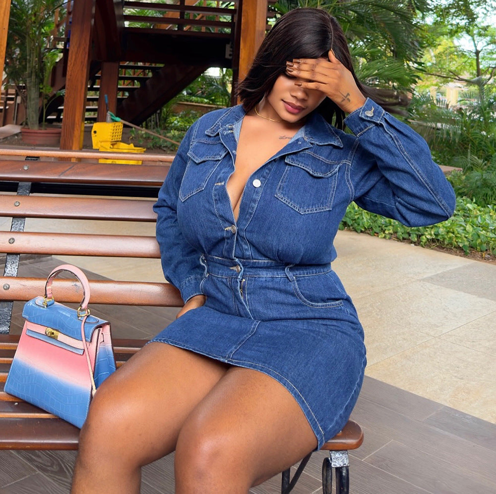 Western Women's Denim Dress Fashion Sexy Single-Button Long Sleeve Bodycon Dress