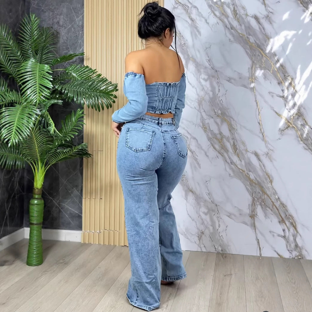 Women's Denim Top Fashion Sexy Crop Long Sleeve One Shoulder Top