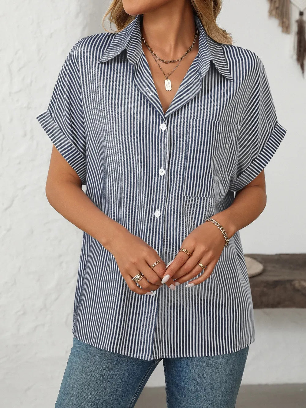 Ladies' loose short sleeved pocket casual striped shirt