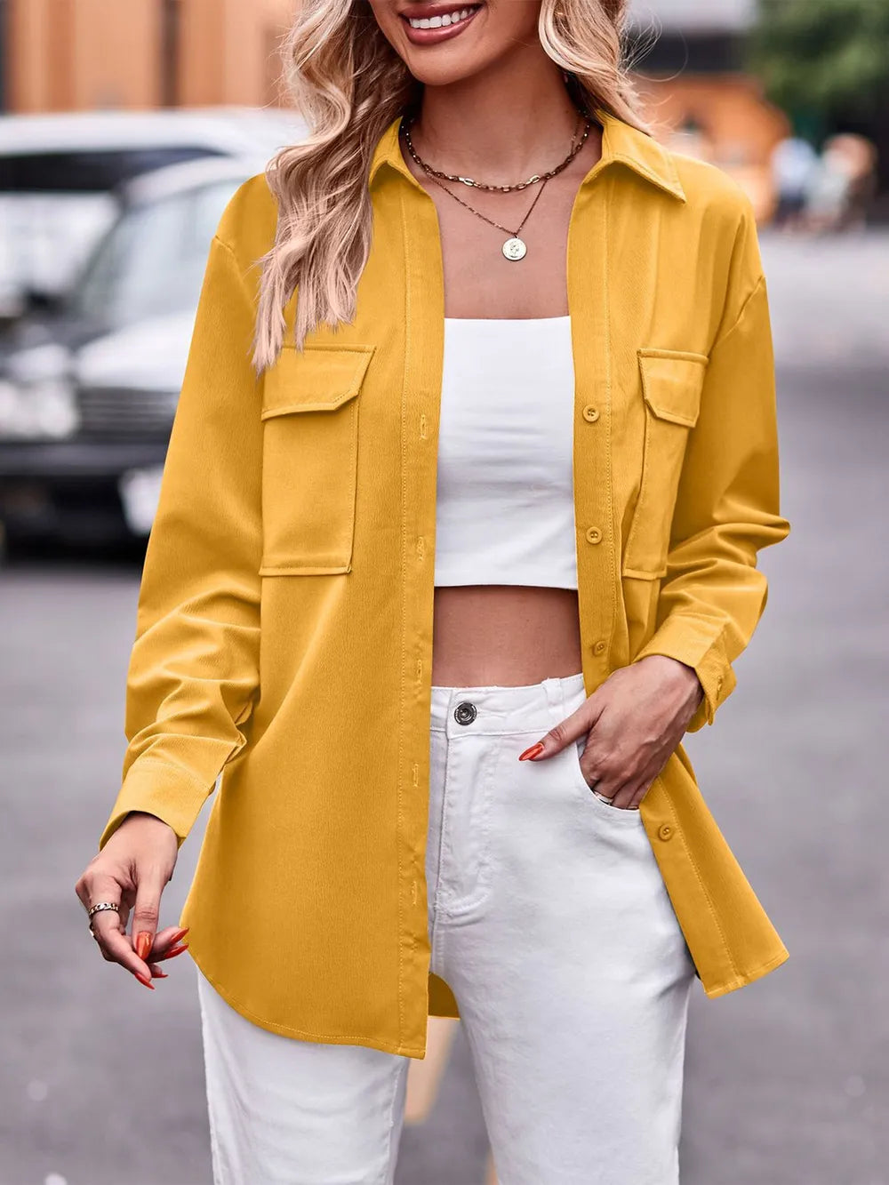 Casual and fashionable double pocket loose long sleeved solid color shirt