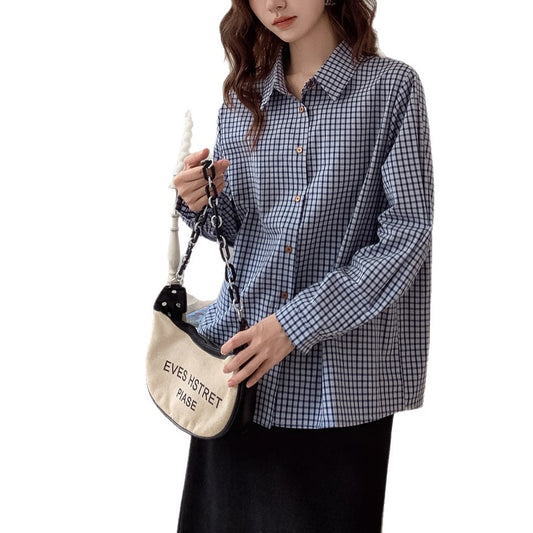Blue and White Checkered Long Sleeve Shirt for Women,Vintage Casual Plaid Top, Loose Fit Turn-Down Collar Blouse