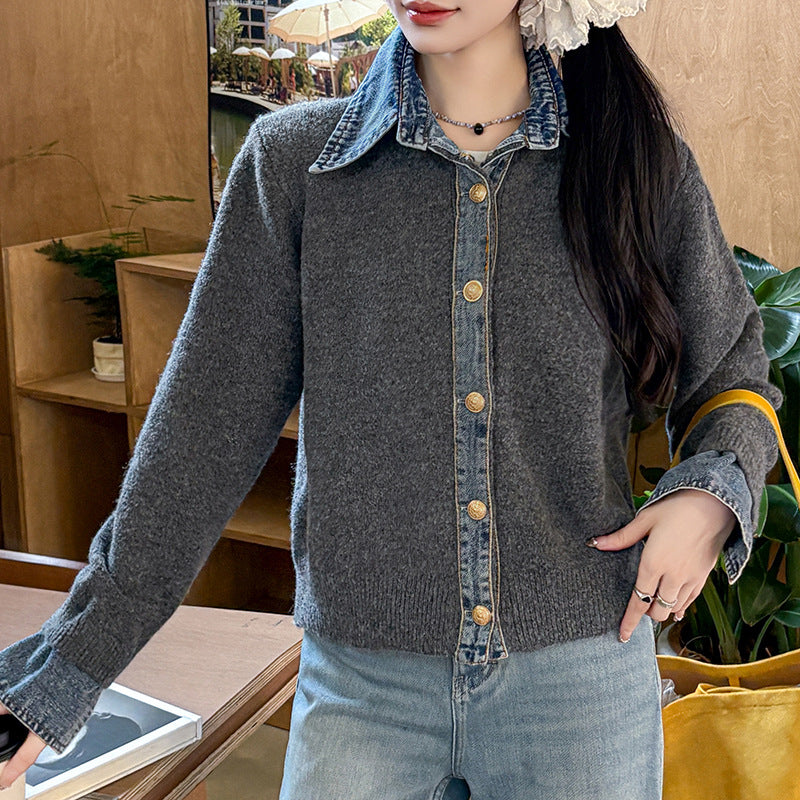 Denim Polo Neck Patchwork Knit Sweater