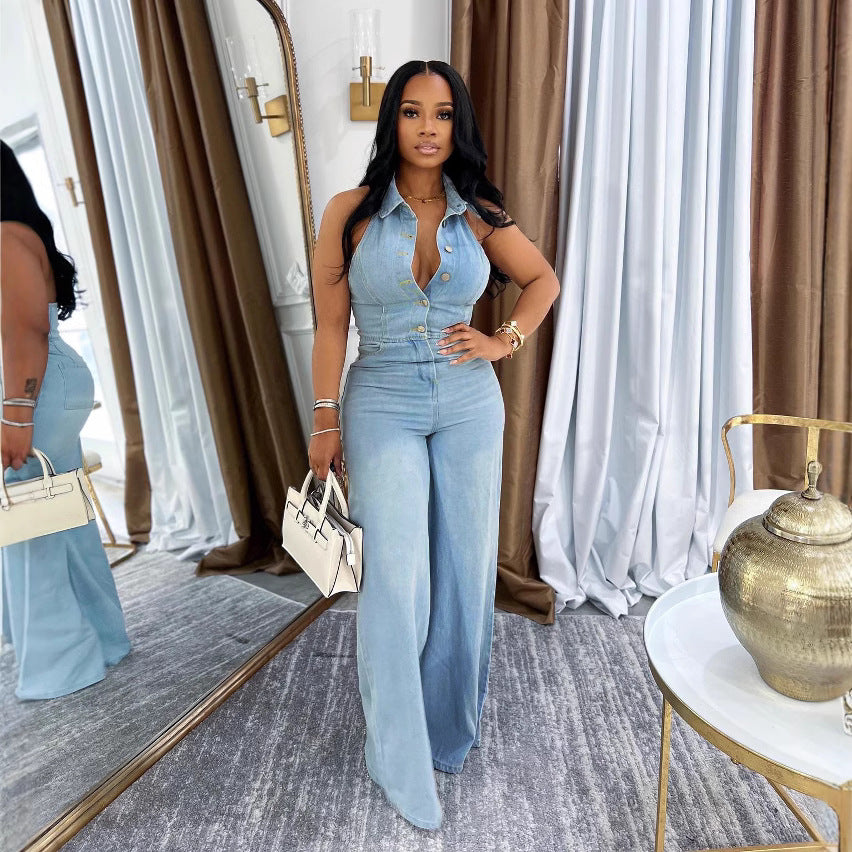 Strapless Sexy Backless Long Denim Jumpsuit for Women