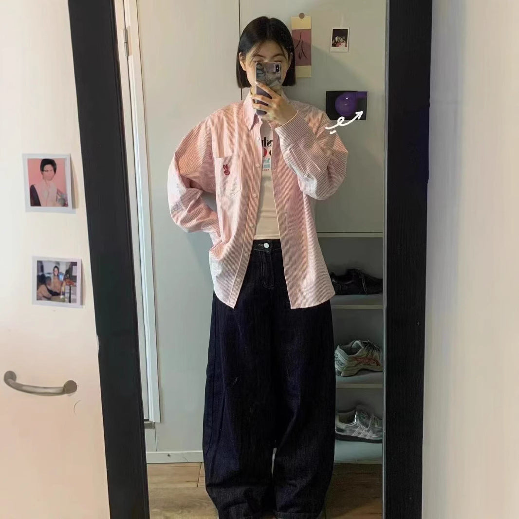 Cute  Rabbit Embroidery Pink Stripe Shirt for Women, Spring and Summer New Design, Lazy Style Outerwear Blouse