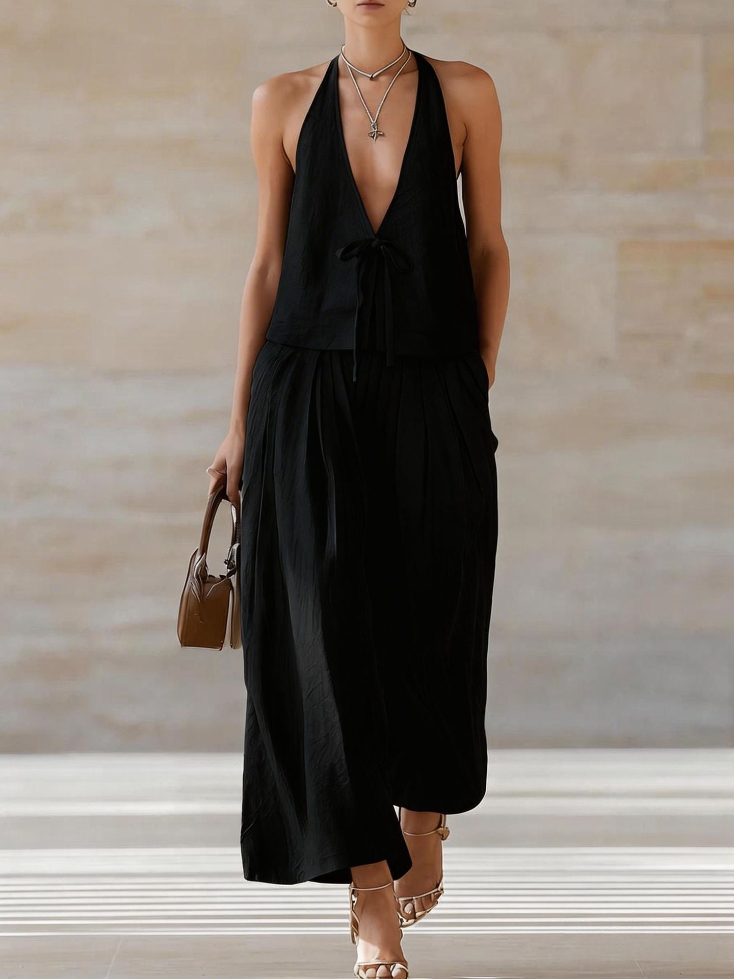Style Solid Color Sleeveless Casual Loose Fit Two-Piece Set Tank Top amp Wide-Leg Pants Women's Outfit