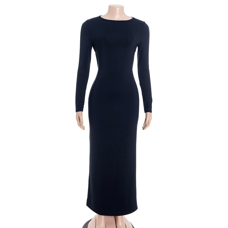 Chic Long Sleeve Solid Color High Back Pleated Sexy Bodycon Maxi Dress for Women
