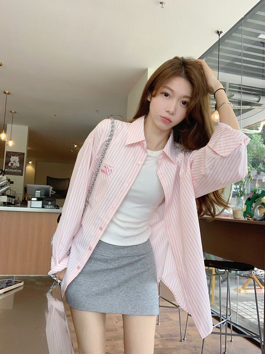 Embroidered Stripe Shirt Jacket Women's Thin Casual Blouse Loose Mid-Length Sunscreen Cardigan Versatile Top