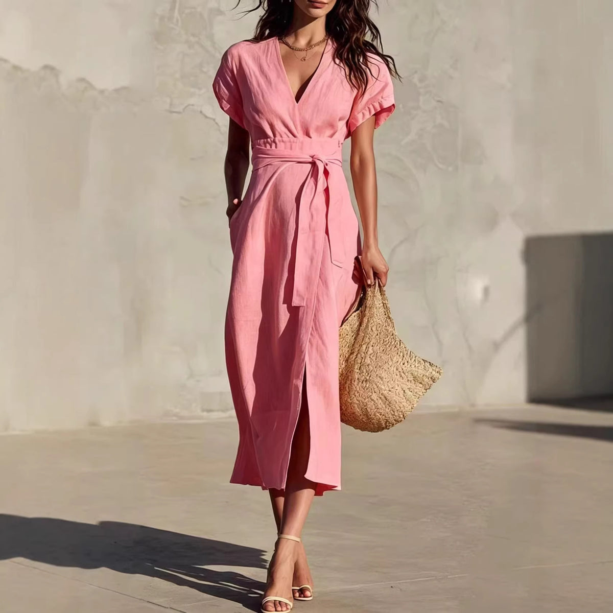 Casual Minimalist Solid Color Tie-Neck Pocket Midi Dress with V-Neckline
