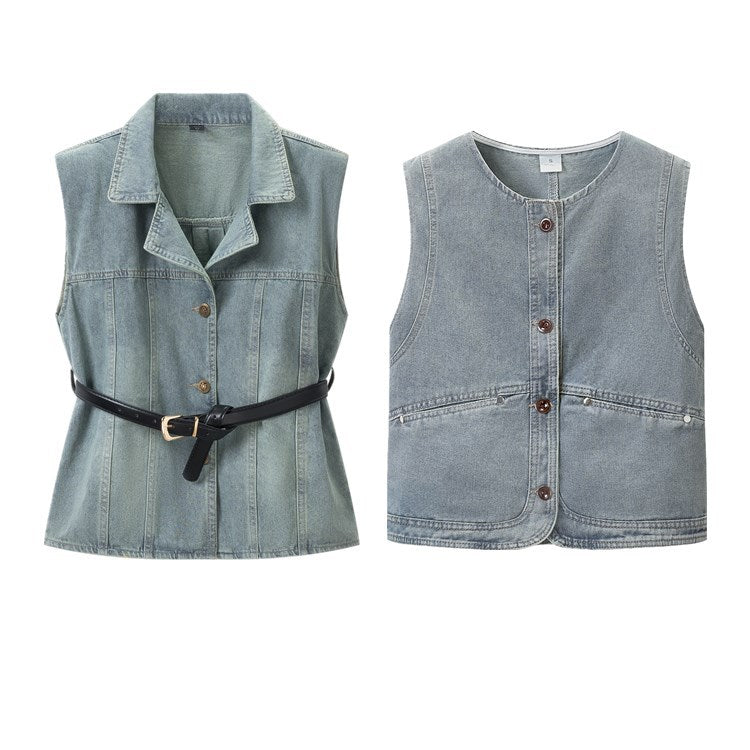 Denim Cut-Out Line Sleeveless Denim Vest Jacket for Women, Summer Design Sense